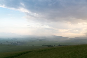 Sunrise and sunset over the hills and town. Slovakia