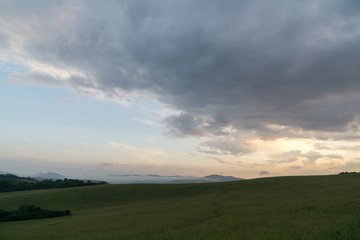 Sunrise and sunset over the hills and town. Slovakia