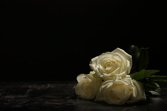 Fototapeta Beautiful white roses on table against black background. Funeral symbol