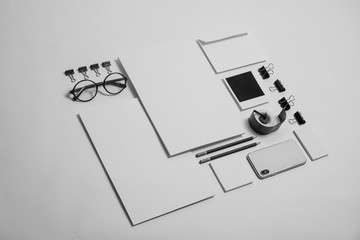 Composition with stationery on light background. Mock up for design