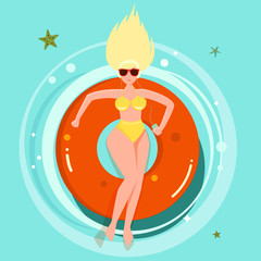 Woman in a swimsuit lying lying in the sun in a swimming pool in a lifebuoy and listening music. Vector illustration. Flat design.