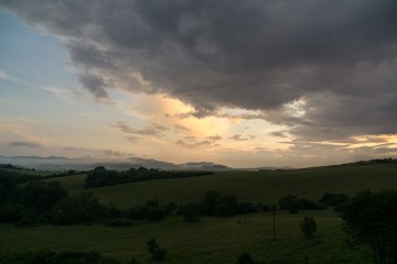 Sunrise and sunset over the hills and town. Slovakia
