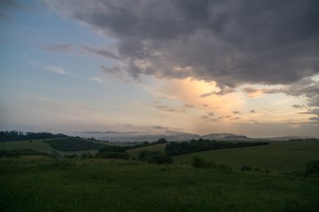 Sunrise and sunset over the hills and town. Slovakia