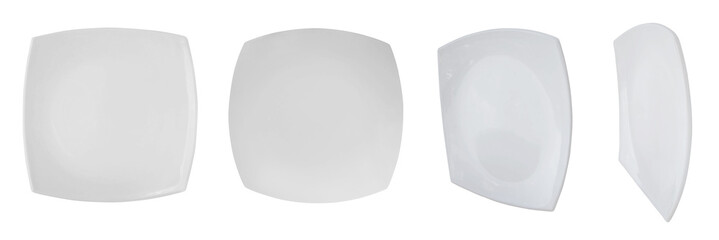 Set of different views of flat square plates for dinner isolated on white background. Collection of...