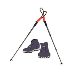 Hiking equipment icon. Tourist walking shoes, sticks retro cartoon. Adventure trip symbol. Journey logo, banner background. Trekking gear boots poles. Extreme tourism outdoor sport vector illustration