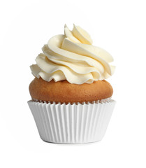 Delicious birthday cupcake on white background