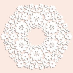 Handmade lace doily. Beautiful elegant vintage knitted lacy napkin. Wedding table decoration or invitation concept. Round lace pattern. Decorative element, EPS 8.