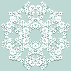 Handmade lace doily. Beautiful elegant vintage knitted lacy napkin. Wedding table decoration or invitation concept. Round lace pattern. Decorative element, EPS 8.