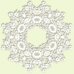 Handmade lace doily. Beautiful elegant vintage knitted lacy napkin. Wedding table decoration or invitation concept. Round lace pattern. Decorative element, EPS 8.