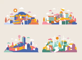Rollo City landscape with buildings, hills and trees. Vector illustration in minimal geometric flat style. Abstract background of landscape in half-round composition for banners, covers. City with windmills © vivali