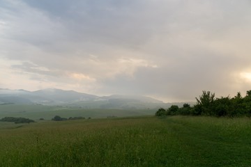 Sunrise and sunset over the hills and town. Slovakia