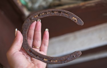 Horseshoe in woman hand. closeup