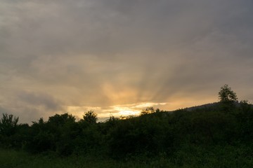 Sunrise and sunset over the hills and town. Slovakia
