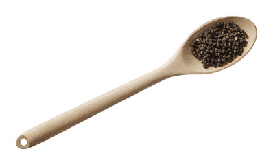 Black pepper in wooden spoon. Preparing ingredients for cooking. Isolated on white background. Top view.