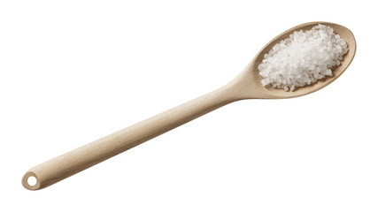 Salt in wooden spoon. Preparing ingredients for cooking. Isolated on white background. Top view.