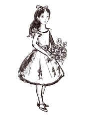 Pretty girl with big eyes, curly long hair, bouquet of flowers. Kids portrait in antique style. Beautiful girl illustration for cards, birthday, prints, invitations, scrapbooking, covers, surface