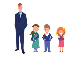 Flat style education illustration with teacher and pupils isolated on white. Vector school people collection.