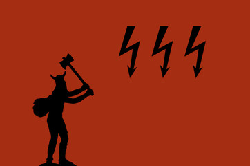 Black silhouette of attacking Viking with a double-sided ax and three black lightning on the red background, Old Norse myths topic