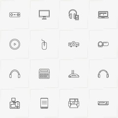 Electronic Devices line icon set with calculator, headphone and video cassette player