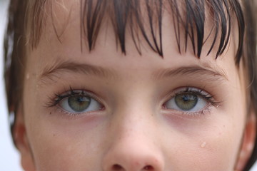 Close up of a set of young green eyes looking up in thought