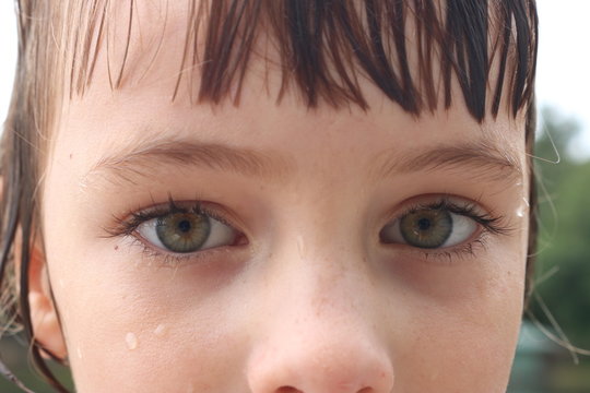 Closeup of a young child's green eyed intense gaze