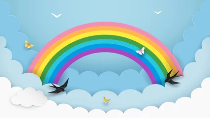 Foto op Plexiglas Babykamer Gelaagde cloudscape achtergrond met regenboog, vliegende vogels en vlinders. Pluizige wolken in de lucht. Kinderkamer, babykamer behang. Minimaal papierkunstontwerp. Vectorillustratie.