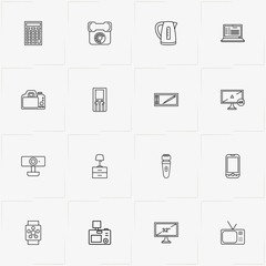 Electronic Devices line icon set with smart watch , table night lamp and telephone