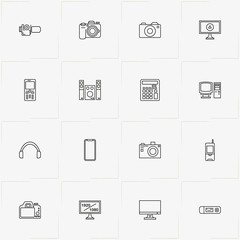 Electronic Devices line icon set with smart phone, mobile phone and calculator - 217777653
