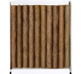 Collection cigarillos isolated on white, top view 