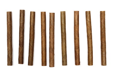 Collection cigarillos isolated on white, top view 