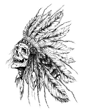 Native American art,national hat,skull,tattoo on a white background