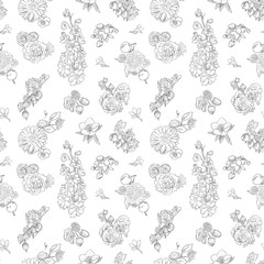 Wildflowers berries seamless pattern Hand drawn vector illustration vintage style Background gooseberries, strawberries