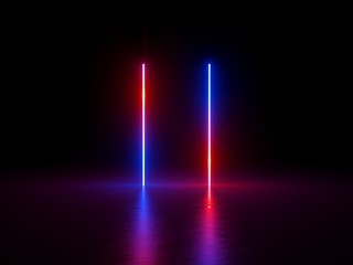 3d render, ultraviolet spectrum, red blue neon lights, vertical glowing lines, laser show, night...