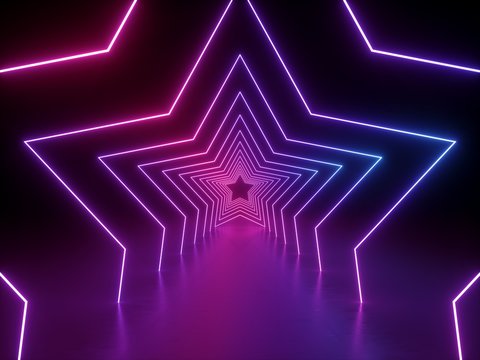 3d render, ultraviolet neon star shape, glowing lines, portal, tunnel, virtual reality, abstract fashion background, violet neon lights, arch, pink blue spectrum vibrant colors, laser show