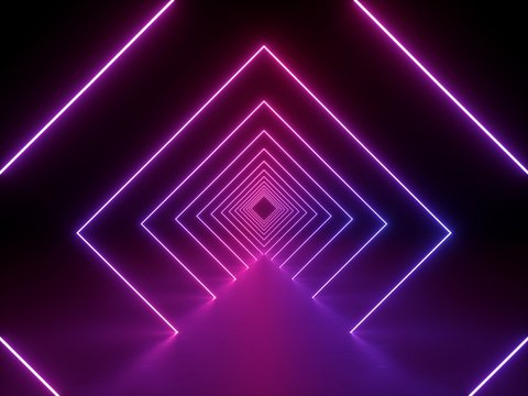 3d render, ultraviolet neon square portal, glowing lines, tunnel, corridor, virtual reality, abstract fashion background, violet neon lights, arch, pink purple vibrant colors, laser show