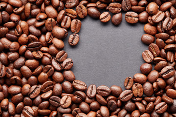 Roasted coffee beans with the table for text
