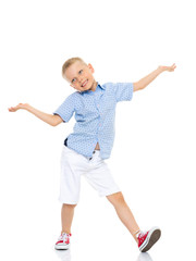 The little boy is emotionally waving his arms.