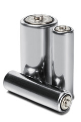 batteries AAA, AA and PP3 on white isolated background. Concept of renewable energy and sources of electrical power. Pattern for designer of environmental power sources, electrical power sources.