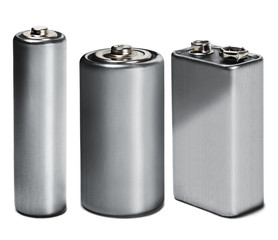 batteries AAA, AA and PP3 on white isolated background. Concept of renewable energy and sources of...