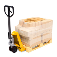 Pallet truck with parcels wrapped in the stretch film, 3D rendering