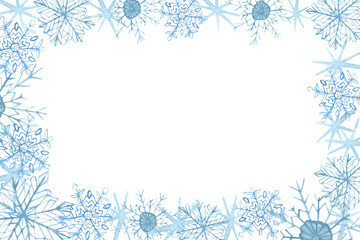 Winter border with blue snowflakes on white background . Hand-painted horizontal illustration for Happy New Year and Merry Christmas border