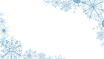 Winter border with blue snowflakes on white background . Hand-painted horizontal illustration for Happy New Year and Merry Christmas border © Natalia