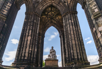 Edinburgh, Scotland, UK - June 13, 2012: Looking through Scott Monument with blue sky in back....