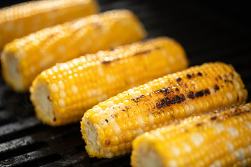 Side close up on corn on the cob roasting on a barbecue grill grates