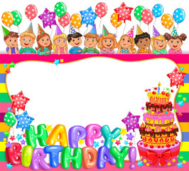 Obraz na płótnie Canvas Birthday bright frame with cake and cute kids