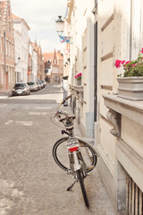 The bicycle costs at a house wall on a pavement with stone blocks.