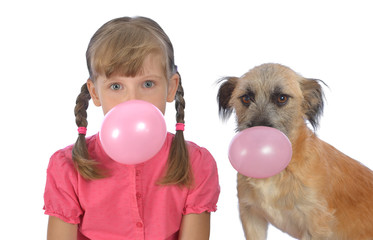 child, kid and dog with chewing gum on white isolated background.