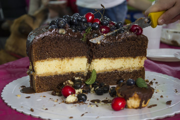 Cut a slice of layered birthday cake