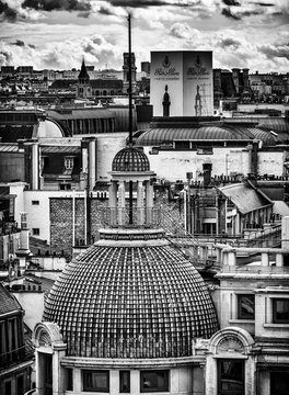 Fototapeta Black and white photo of Paris buildings. Beautiful panorama view from famous Printemps store in France. Panoramic view from rooftop.