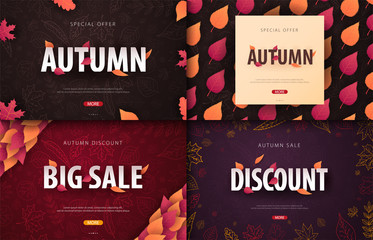 Set of Autumn Backgrounds with leaves for shopping sale, promo poster and frame leaflet, web banner. Vector illustration template.